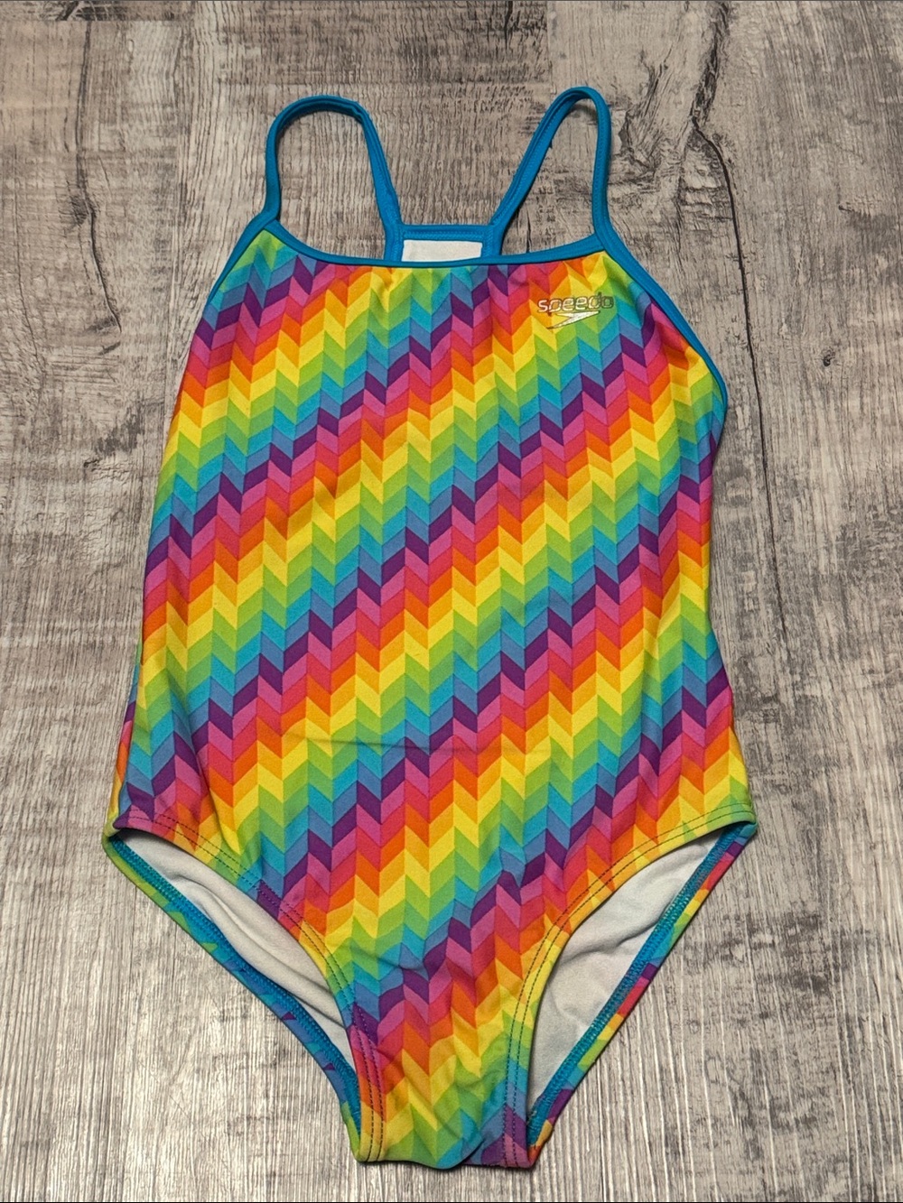 Speedo Girls' Rainbow Chevron One-Piece Swimsuit - Blue Trim